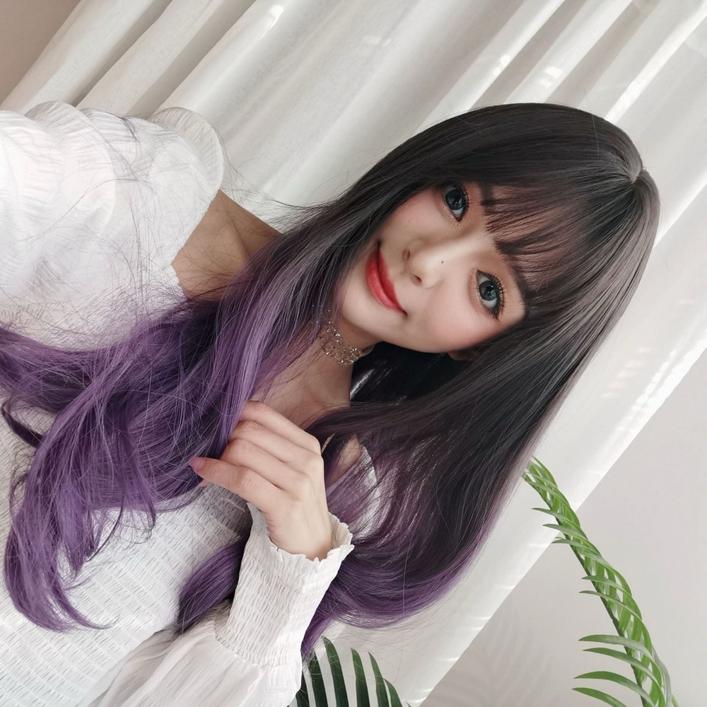 Purple Ombre Long Natural Brown Wig Wavy Realistic